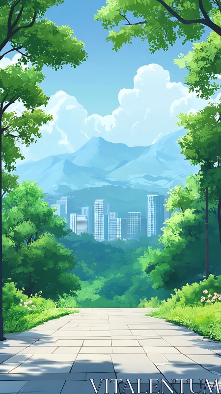 Urban Skyline Framed by Verdant Forest Canopy.