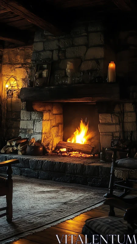 Fireplace with Burning Logs and Stone Interior.