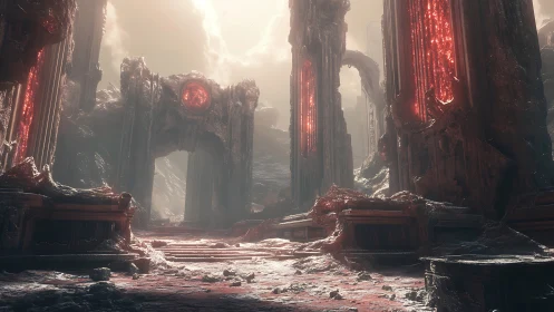 Ruined stone hall with glowing red molten pillars stands silent
