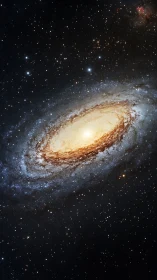 Golden spiral galaxy glows amid dense star field