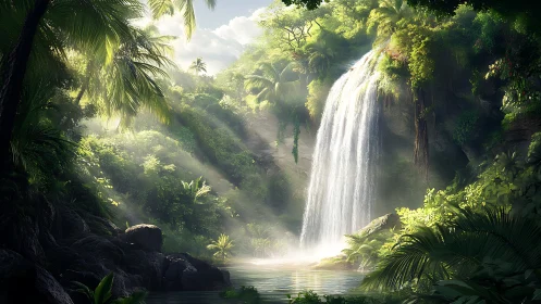 Radiant tropical cascade with volumetric jungle illumination.