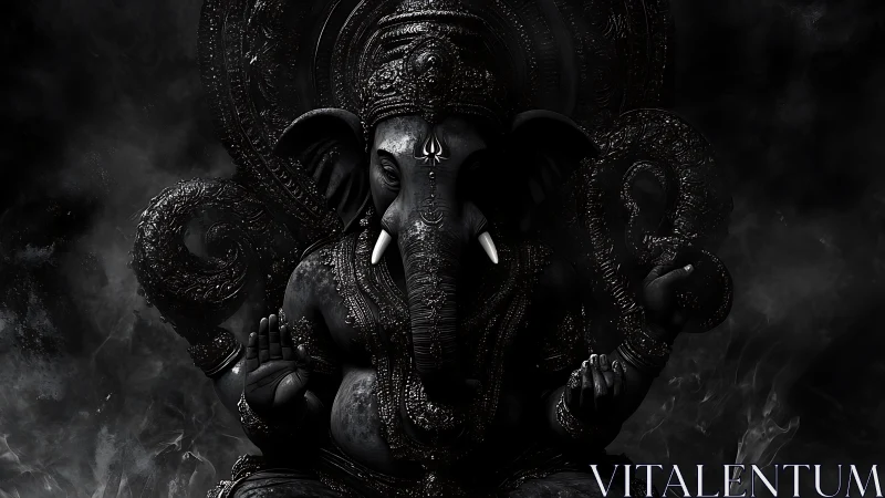 Digital painting of ornate dark Ganesha icon in chiaroscuro.