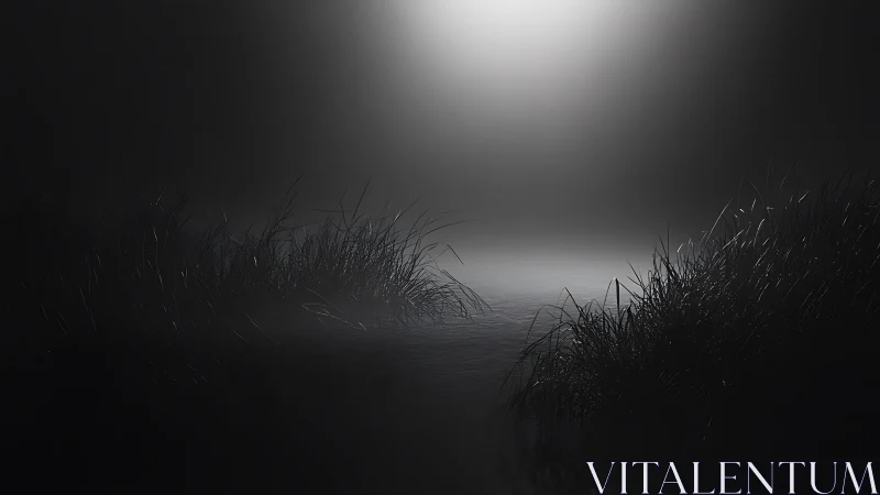 Monochrome misted marsh study with dramatic axial lighting.