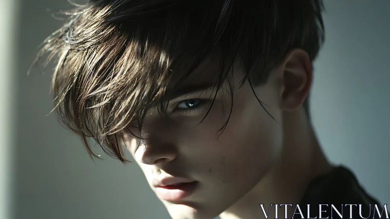 Brooding young man gazes through shadows in soft daylight