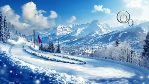Alpine ski slope rendered with volumetric atmospheric effects and snow particle simulation