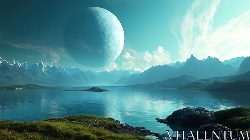 Colossal blue planet rises above tranquil alien lake