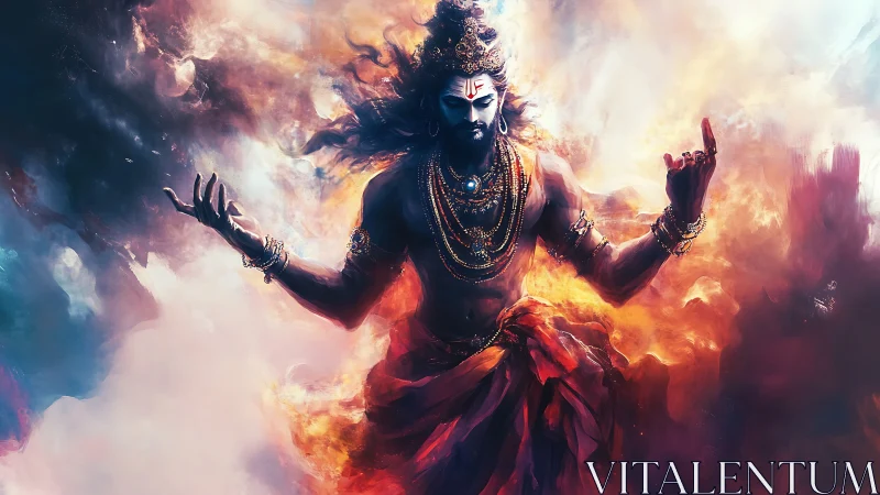 Powerful divine figure in swirling fiery cosmic clouds.