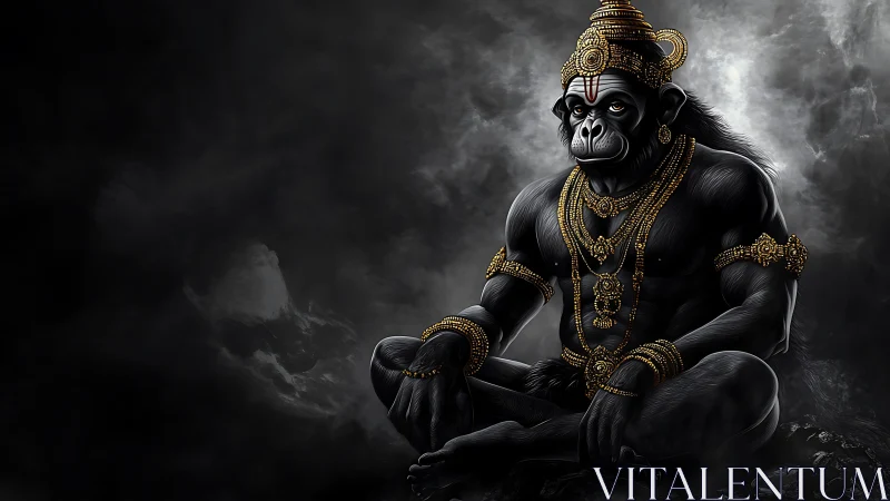 Stormlit simian deity rests in jewel-bright cosmic calm