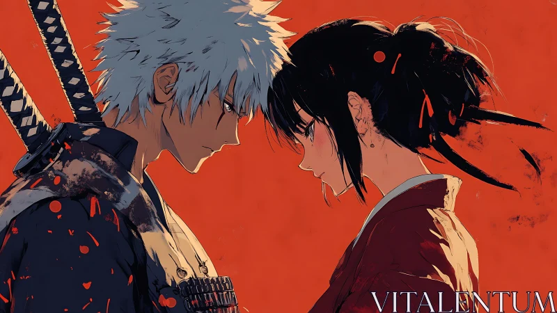 Samurai duelists in intimate profile against vermilion field.