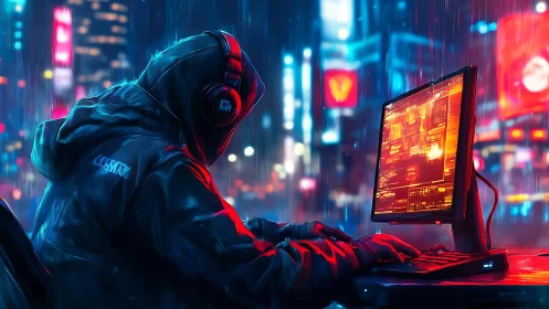 Hooded hacker codes under neon rain in futuristic city
