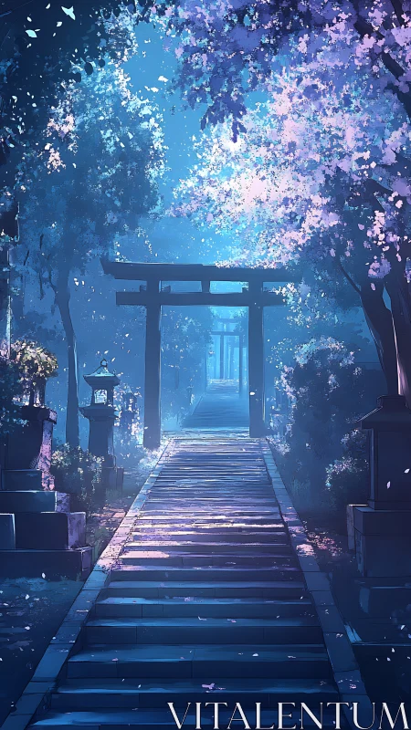 Stepped path passes torii gates under dense flowering trees