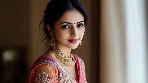 Indian bride portrait in pink saree, soft window light.