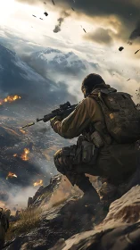 Tactical sniper overlooking burning valley under storm clouds.