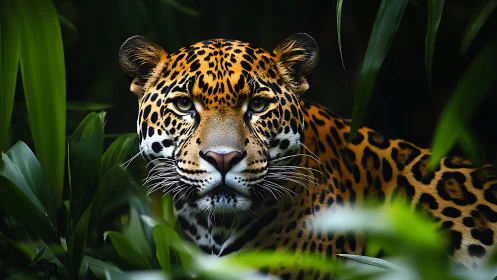 Macro portrait of alert jaguar in dense tropical foliage