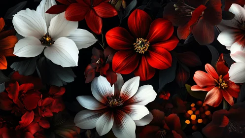 High-Contrast Floral Composition with Red and White Petals Against Black Background
