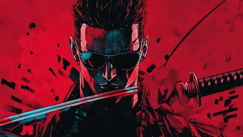 Cyberpunk swordsman stands defiant in neon red storm.