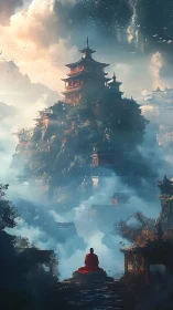 Crimson monk contemplates a mist-drowned sky temple realm