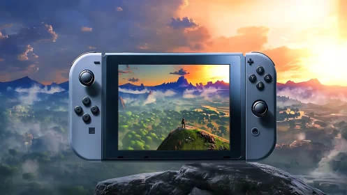 Nintendo Switch Gaming Console Displays Fantasy Mountain Landscape
