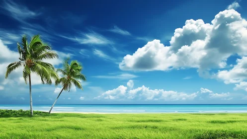 Tropical Beach Paradise with Palm Trees and Ocean Horizon.