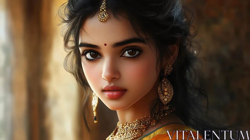 Digital portrait depicts woman in traditional attire with jewelry