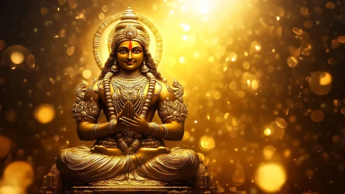 Golden seated deity statue under radiant glowing light.