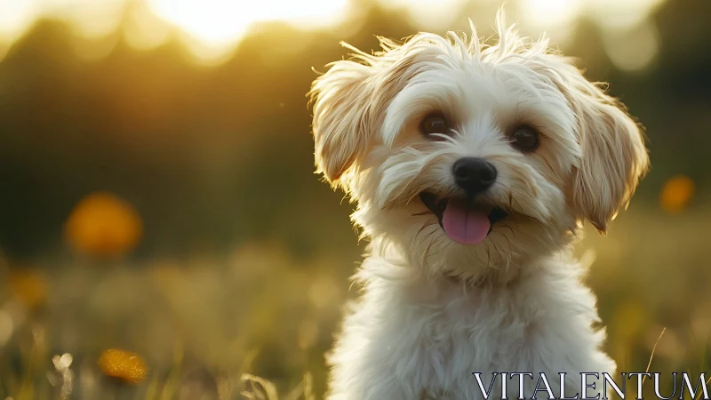 Small fluffy dog in warm sunset field portrait.