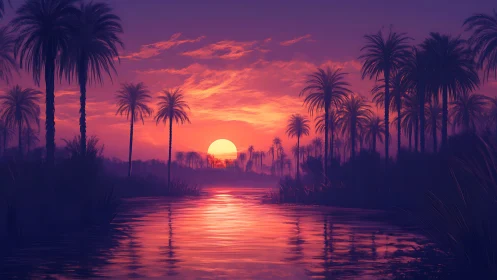 Tropical river sunset with vivid purple orange sky.