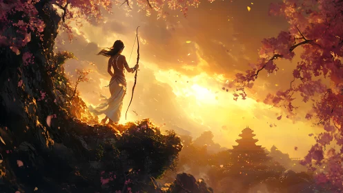 Fantasy archer at sunset on cliff, sakura temple vista.