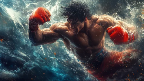 Boxer in Red Gloves Executing Fighting Stance Against Water Backdrop