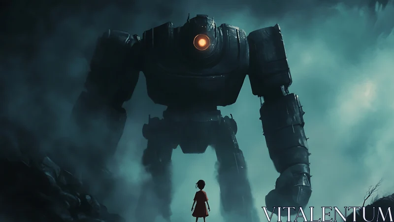 Colossal robot confronts lone child in foggy nightscape.