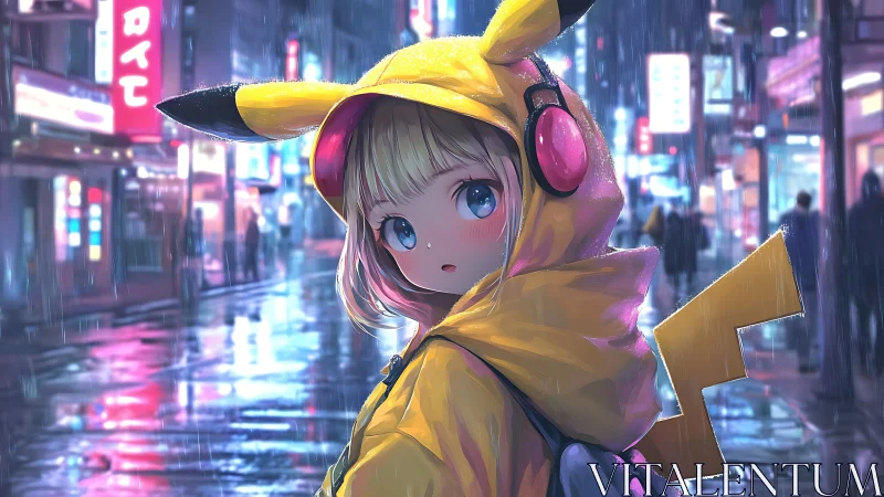 Rainy neon city cradles girl in Pikachu hoodie at night.