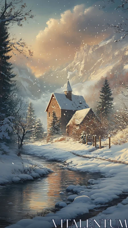 Snowbound chapel beside reflective stream under golden cloud