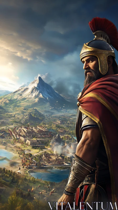 Warrior overlooking ancient valley city under stormy sky.