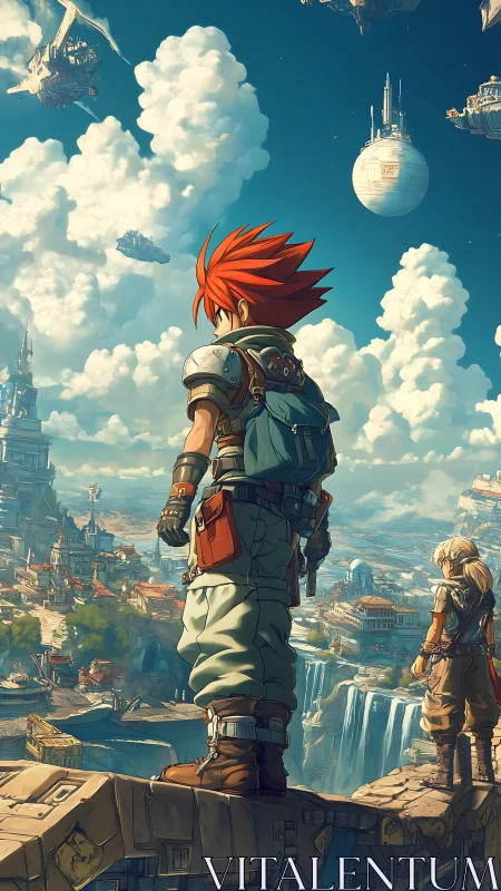 Red-haired explorer surveys a vast floating sky kingdom