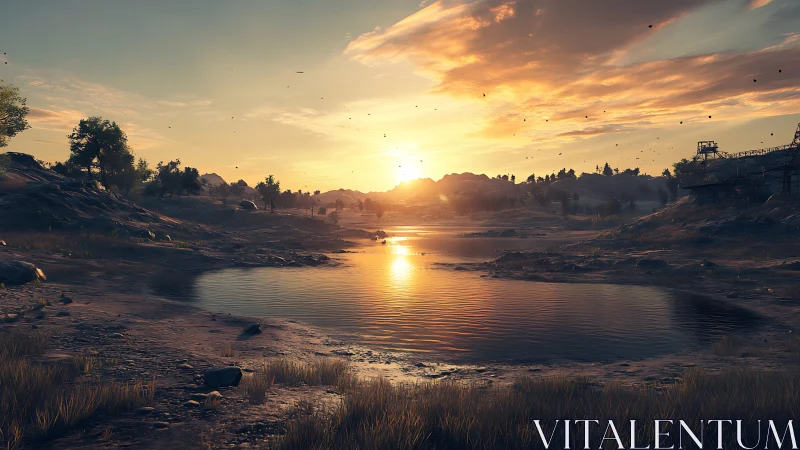 Gentle lakeside sunset casting golden calm across nature.