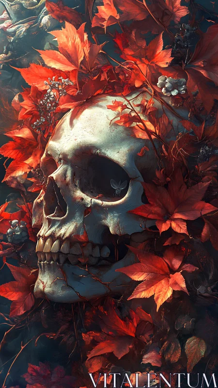 Skull entwines with blazing red leaves in moody twilight.