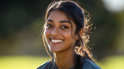 Young woman smiling outdoors in natural light, candid portrait.