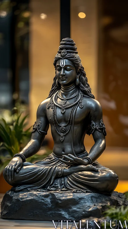 Metallic seated deity sculpture is displayed in indoor setting