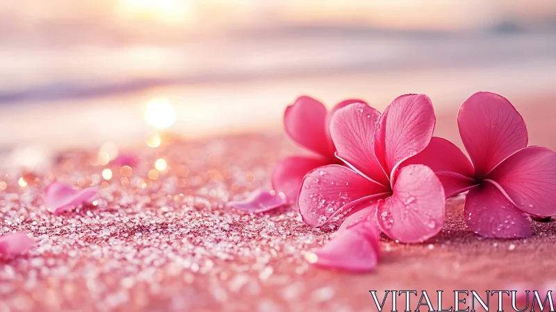 Pink Plumeria Petals on Glittering Sand Beach at Sunset.