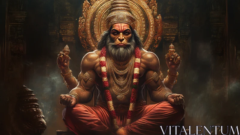 Seated simian deity figure with ornate halo and garlands.