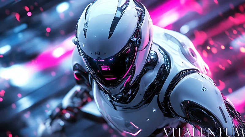 Humanoid robot in glossy armor within neon environment.