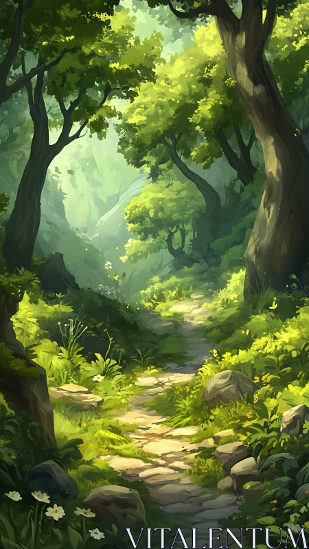 Sunlit Forest Path Through Ancient Trees