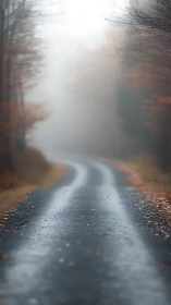 Wet Road Curves Through Misty Forest Canopy.