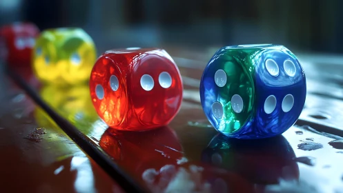 Translucent colored dice on wet reflective wooden surface