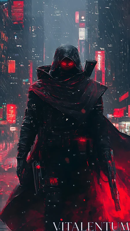Hooded cyberpunk enforcer in red lit rainy city street.