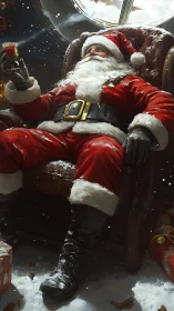 Santa savors a quiet snowy moment in a cozy armchair