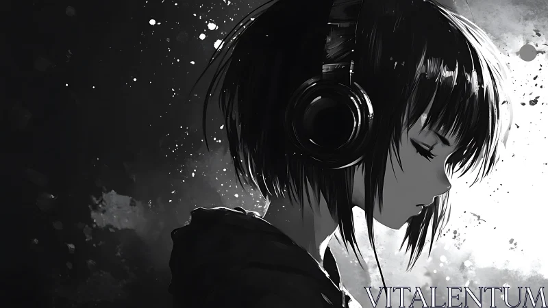 Monochrome profile view shows girl in headphones listening