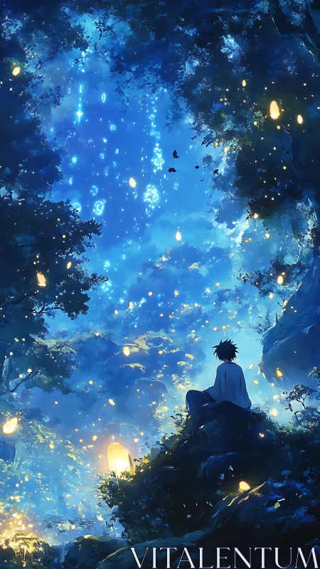 Solitary figure in bioluminescent blue forest nightscape