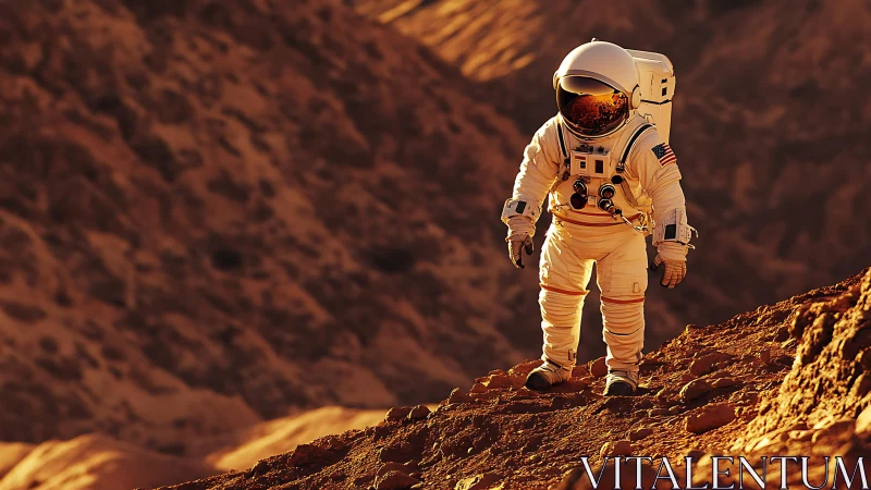 Lone astronaut treads molten-orange ridges of a Martian dawn