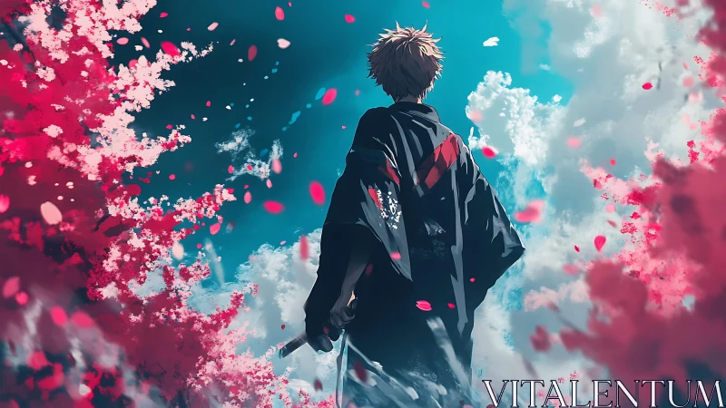 Cherry blossoms swirl as a lone swordsman walks toward destiny